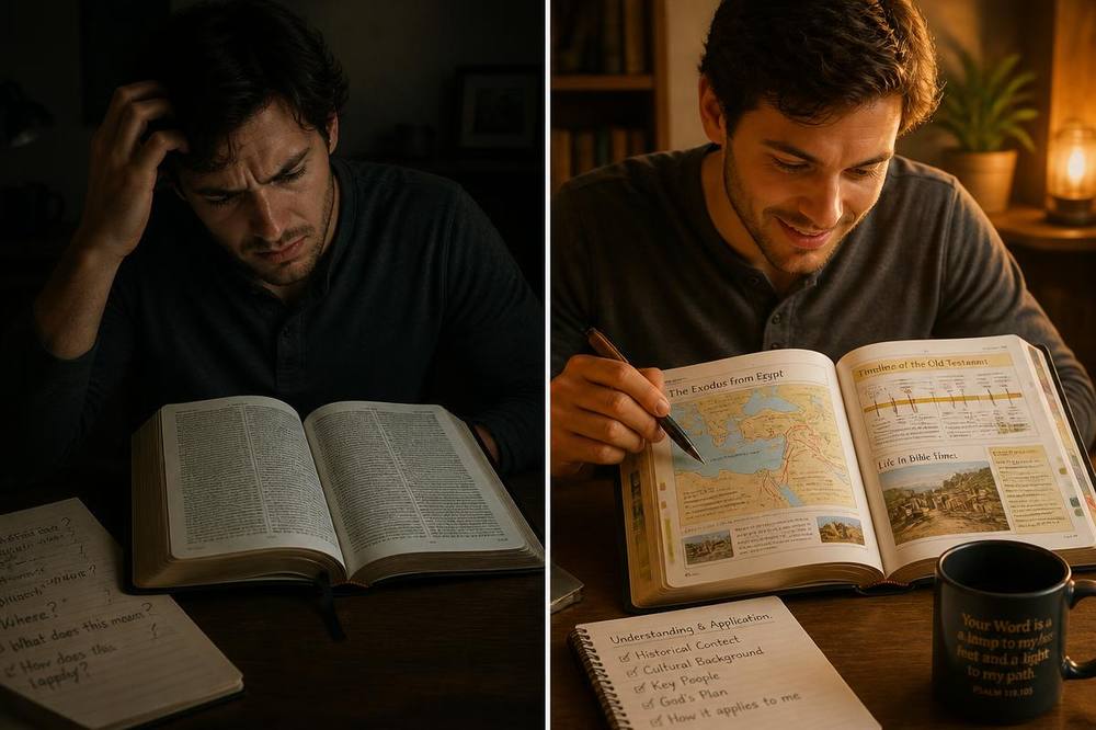 Comparação entre ler a Bíblia sem entender e estudar com contexto
